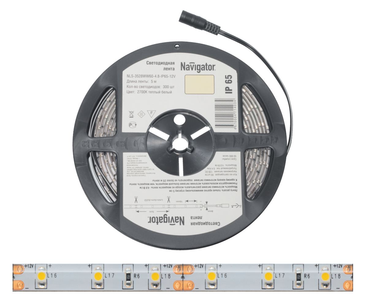 Лента светодиодная (бухта 5 метров) Navigator NLS-3528W120-9.6-IP20-12V 5м - 71408 фото